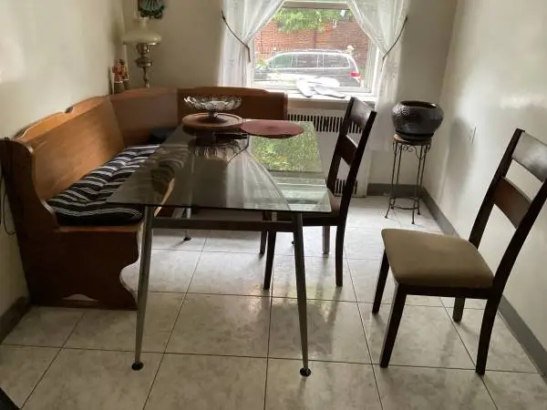 Complete Breakfast Nook Dining Set – Glass Table, Corner Bench, Chairs