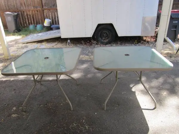 Pair of 40” Square Glass-Metal Patio Tables