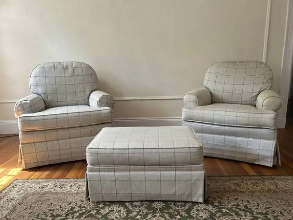Ethan Allen Devonshire Swivel Glider Chairs (Pair) + Ottoman — $7,100