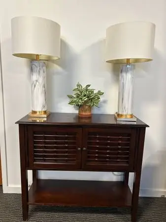 Pair of 30 White Faux Marble Table Lamps — Modern + Elegant