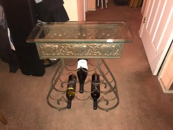 Carved metal elephant wine bottle rack holder side table beveled glass
