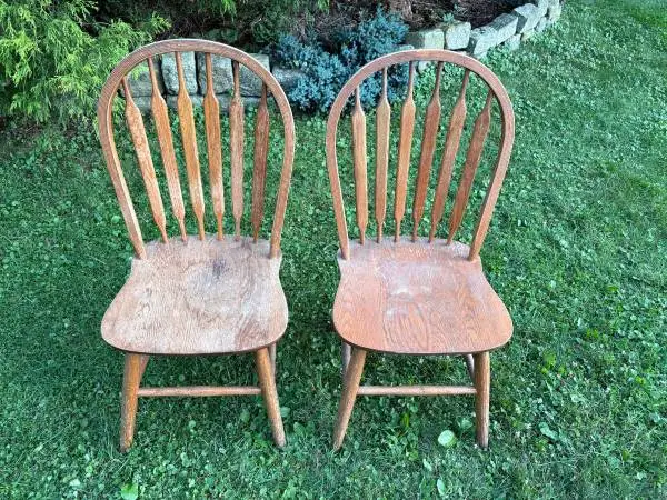 Two Vintage Solid Wood Windsor Back Kitchen Chairs Made in USA