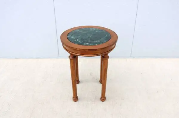 Vintage French Style Distressed Fruitwood and Green Marble Side Table