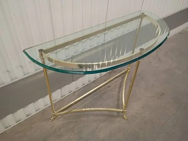 Vintage LaBarge Demi-Lune Brass & Glass Table w Hooved Feet