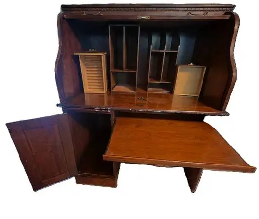 Walnut and Satinwood S-Paneled Roll-Top Single Pedestal Armoire Secret