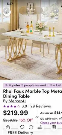 Rhui Faux Marble Top Meta Dining Table New pack