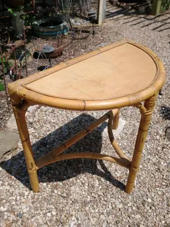 BAMBOO Vintage Mid Century Boho Rattan Wicker Demilune Console Table
