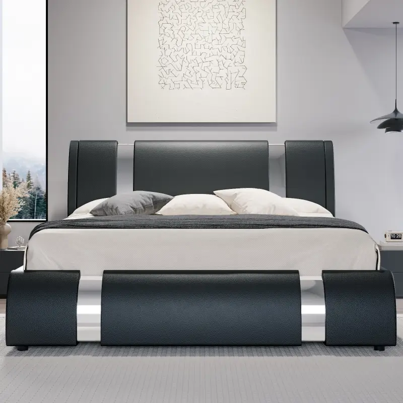 Modern Faux Leather Platform Bed Frame with Adjustable Headboard, Low Profile Upholstered Bed