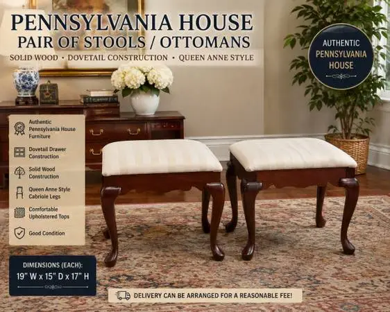 Pennsylvania House Pair of Queen Anne Upholstered Stools / Ottomans – Solid Wo
