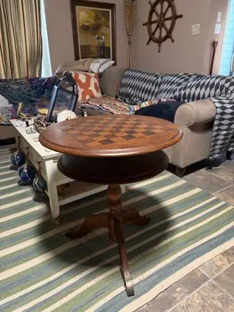 Two-tier Round Cherry Inlay Wooden Game Table * Chess * Card Table