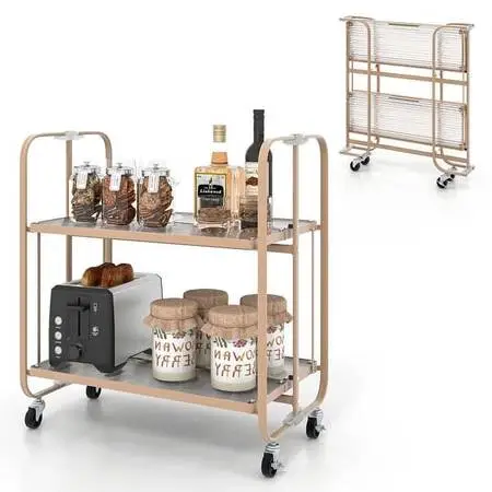 Gymax 2-tier Foldable Bar Cart Mobile Cart Tempered Glass Serving Cart