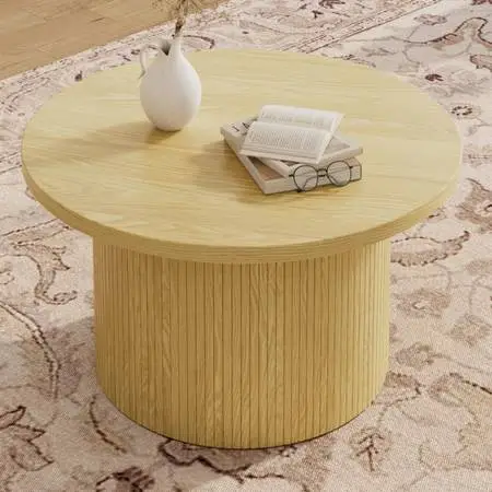 Assembled 31.5 Round Coffee Table with Solid Wood Base