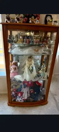 Vintage Oak Glass Curio Cabinet with Rounded Top Trim