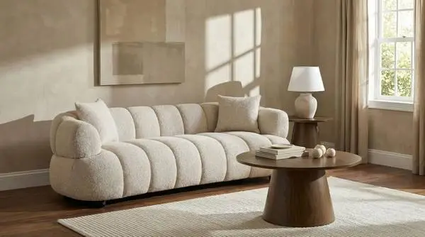 **Beautiful Modern Channel Tufted Sofa in Pebble Color Woven Fabric**