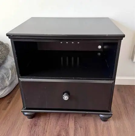 Black Nightstand with Drawer and Open Shelf