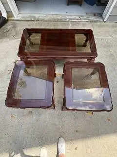 3-Piece Cherry Wood Glass Top Table Set