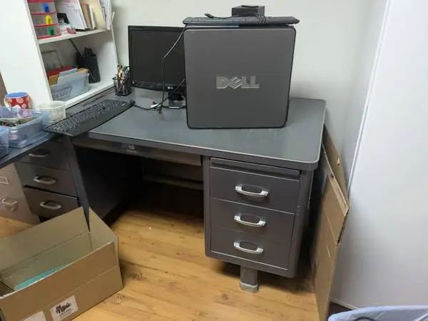Vintage Invincible Metal Tanker Desk – Mid-Century Industrial Dual Ped