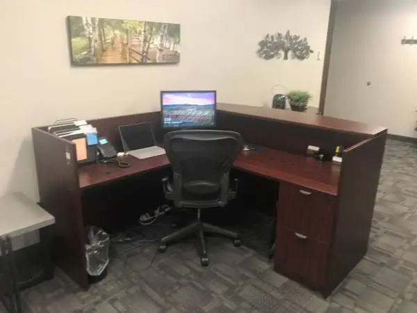 New in Box Mahogany L Reception Desk w/2 Drawer File NEW $1300