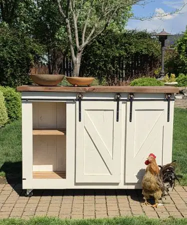White Farmhouse Island on Caster Wheels Coffee Bar