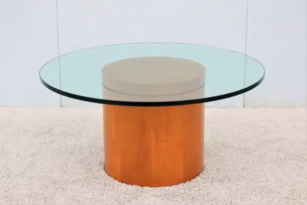 Mid-Century Modern 39 in Round Glass Top Drum Wood Base Coffee Table