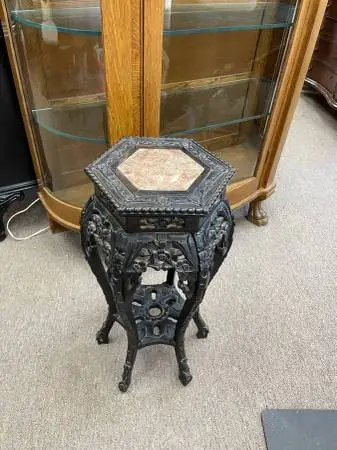 Antique Oriental Rosewood Plant Stand, Marble Topped, Hand Carved