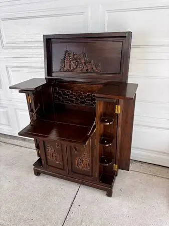 Vintage mcm wood Asian Bar cart barware cabinet collectable hutch armoir. Cool H