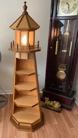 Amish Handcrafted Solid Oak Lighthouse Shelf Display Remote Electric