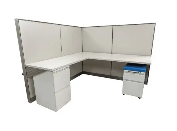 BEIGE L-SHAPED OFFICE CUBICLE WORKSTATION