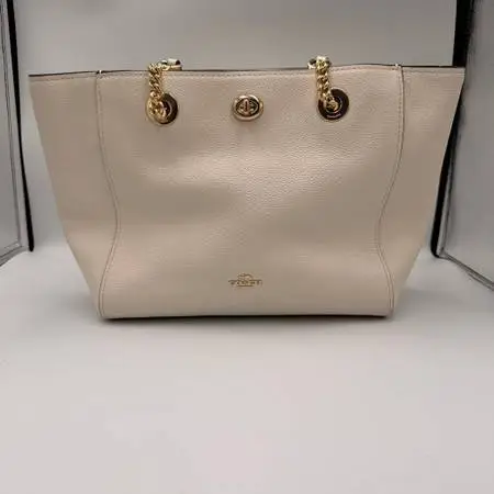 Turnlock Chain Tote Chalk Pebbled Leather Shoulder Bag