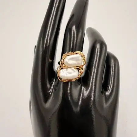 14k Gold Biwa Pearl Twin Cocktail Ring Size 7.5