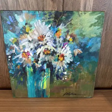 Original Daisies in Teal Vase - 20X20