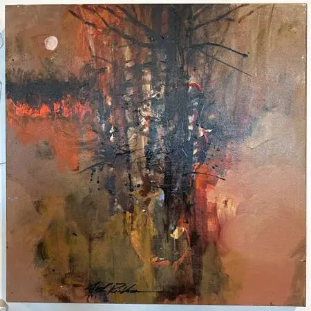 Original Abstract Black Trees W/ Full Moon - 24X24