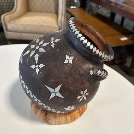 Decorative Pot W/ Silver Overlay On Round Stand- 8X11.5