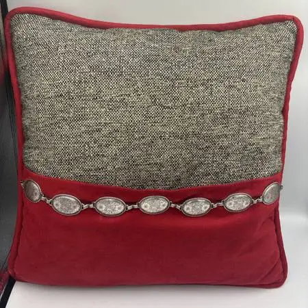 Grey & Red Suede Pillow W/Chain Silver Metal Belt - 17X17