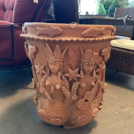 Terracotta Pot W/ Mermaid Relief- 24X27.5H AS IS