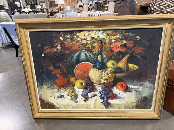 Vintage Signed Still Life Art In Vintage Gold Frame- 46X34H- AS IS
