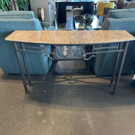Travertine & Iron Demilune Console Table- 54x16x32.5