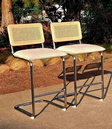 Mid Century Modern Cane & Chrome Counter-Height Barstools