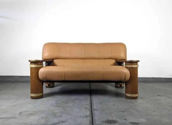 Vintage Leather and Palmwood Loveseat Sofa by Pacific Green, c1990s