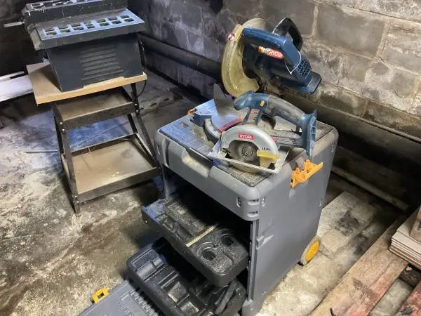 RYOBI CHOP SAW AND CABINET