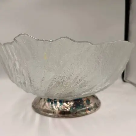 Cabbage Leaf Pressed Glass Bowl on Silver Base - 6X12.5
