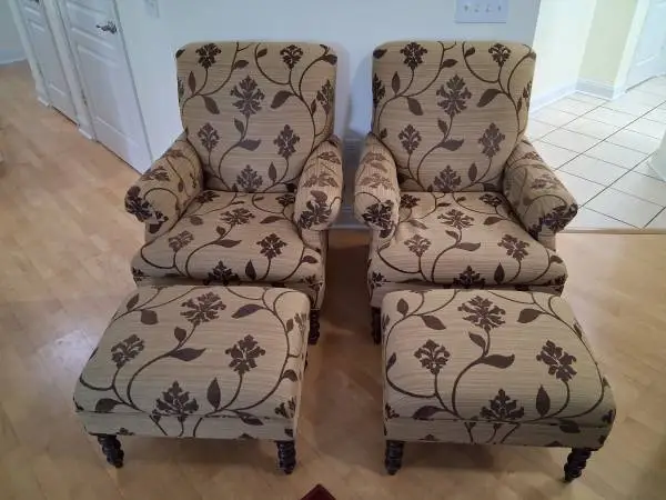 Two Vanguard Accent Chairs and Two Ottomans