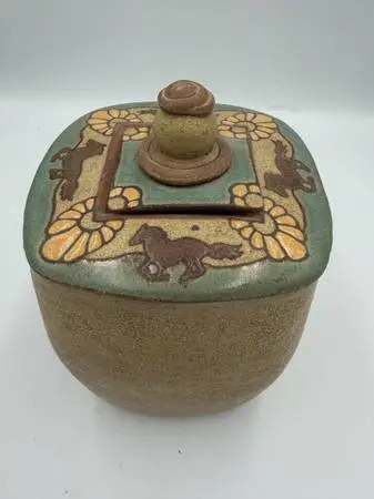 Signed Lidded Pottery Jar W/ Heart Inside- 5X5X7H