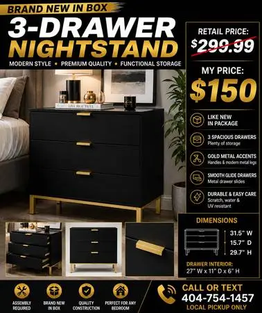3 Drawer Black & Gold Nightstand