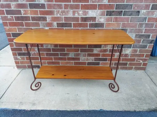 Rustic Style Sofa Table Made of Pine Wood with Metal Scrolled Legs.