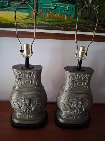 Archaistic Pair of Brass Chinese Hu Vessel Urn Table Lamps.