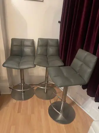 3 Grey Premium Genuine Leather Bar Stools w/ Adjustable Base