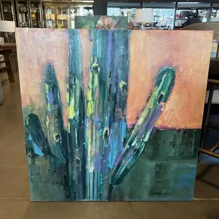 Original Green/Orange Saguaro Art - 36X36