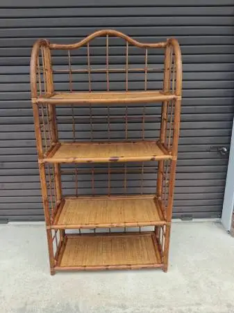 Mid Century Modern Etagere 4 Tiered Rattan Bamboo Wicker Shelf.
