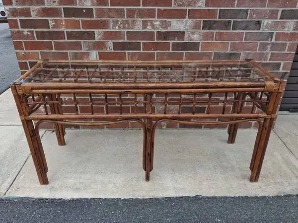 Large Mid Century Boho Chic Rattan Console Table with Glass Top.